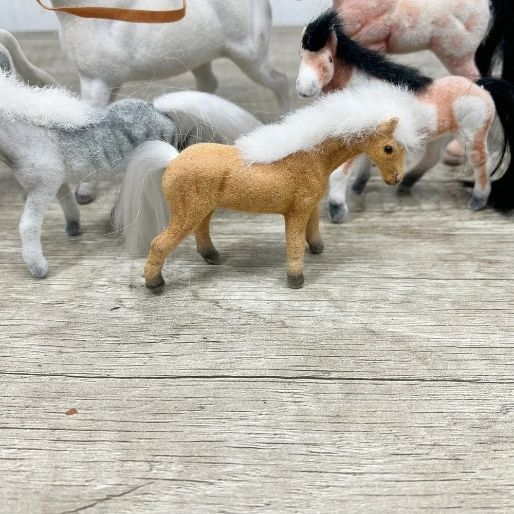 Vintage Flocked Horse and Cow Figurines Lot of 6 Fuzzy Farm Animals Toy Set